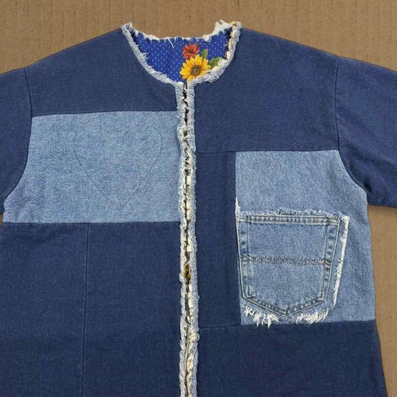 Vintage Quilt Patchwork Floral Denim Handmade Reversible Jacket Fits like XL - Picture 6 of 8